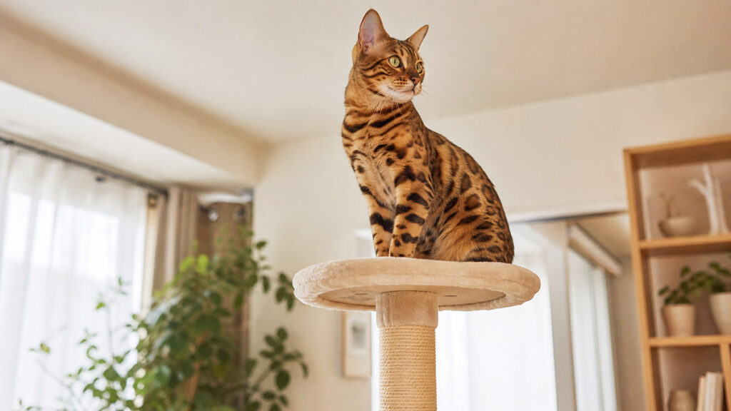 キャットタワーに登るベンガル