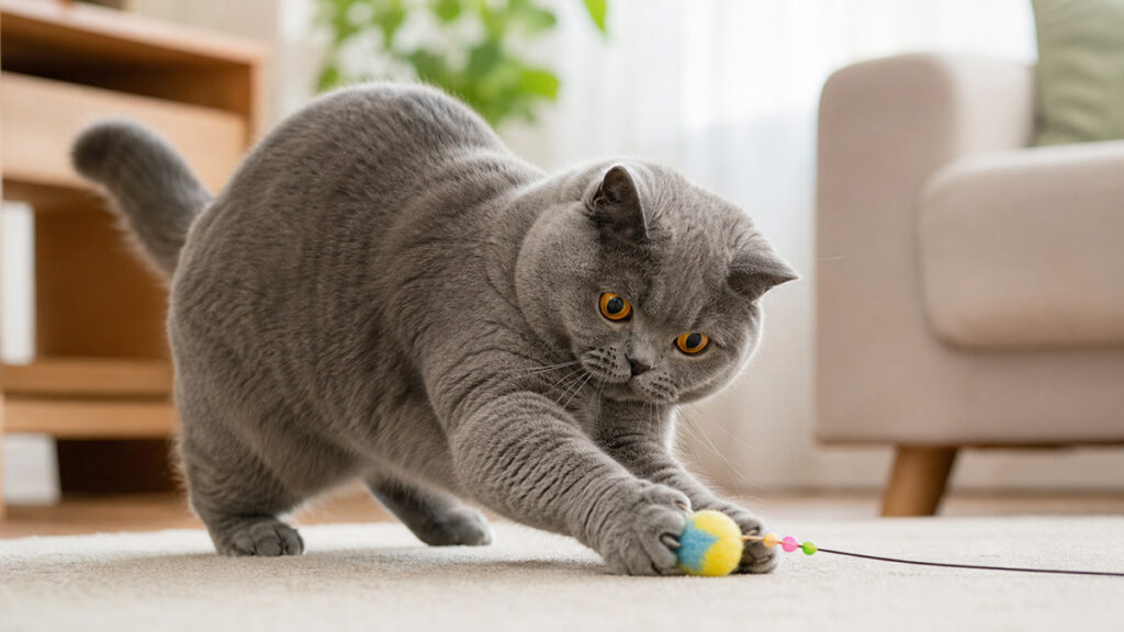 おもちゃで遊ぶブリティッシュショートヘア