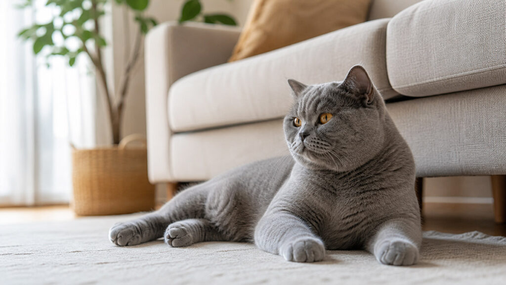ソファの近くでくつろぐブリティッシュショートヘア