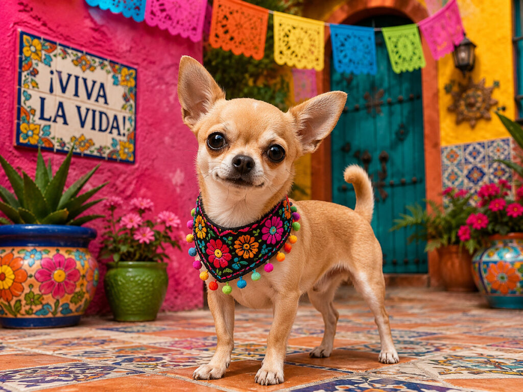 メキシコ風の明るい背景に立つチワワ