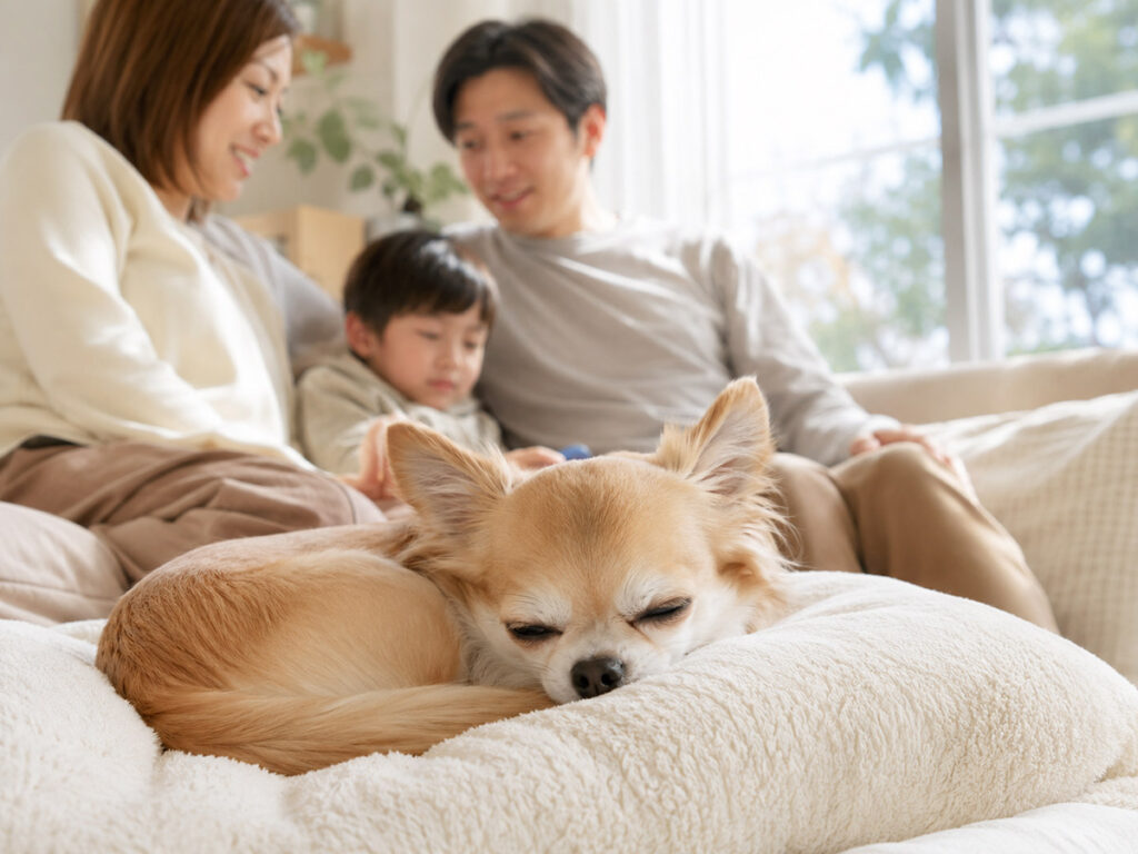 家族のそばで安心して休むチワワ