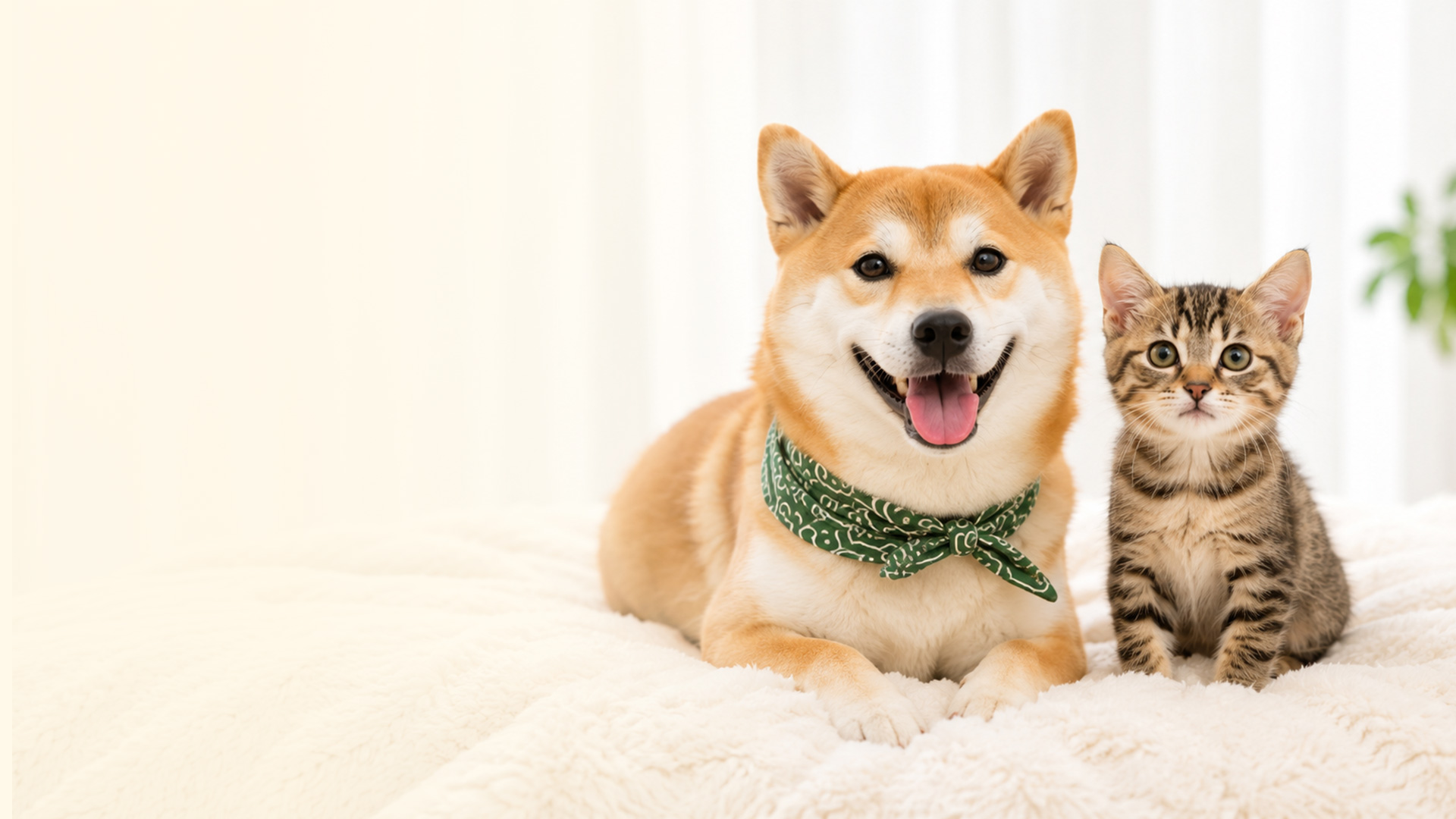 ベッドでくつろぐ柴犬と子猫