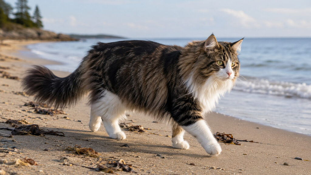 海辺を歩くノルウェージャンフォレストキャット