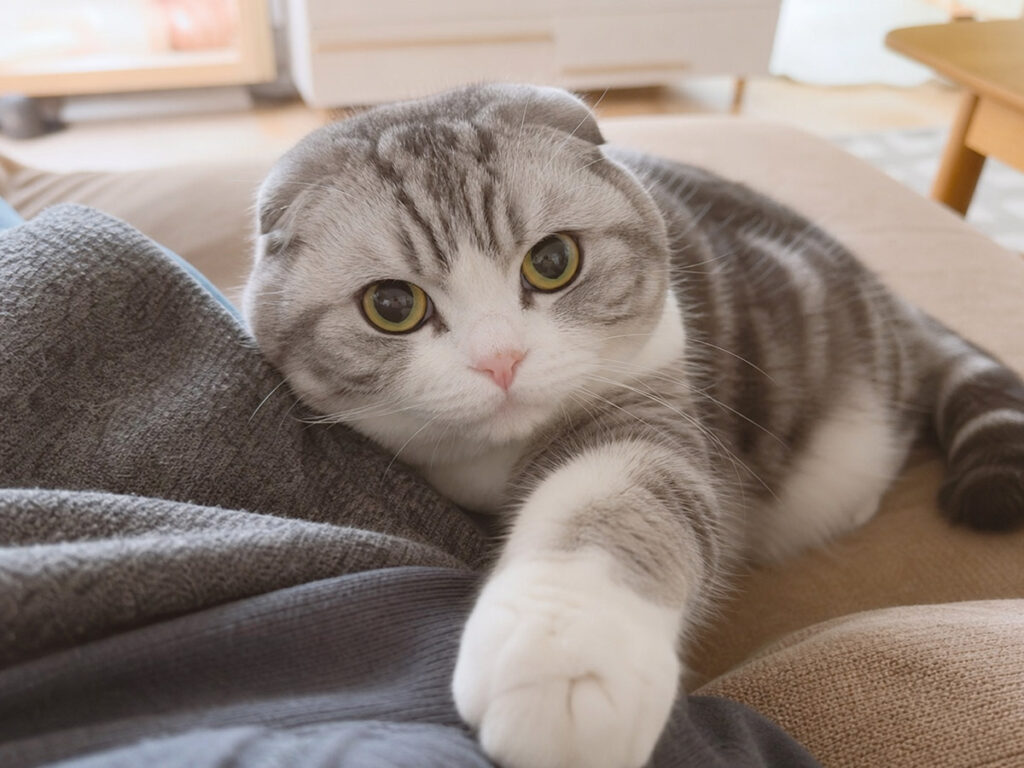 家族の近くで穏やかにくつろぐスコティッシュフォールド