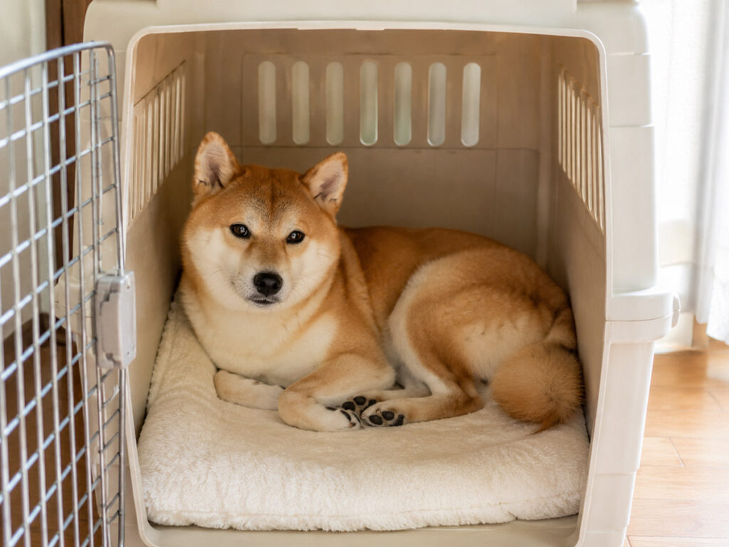 クレートで落ち着いて休む柴犬