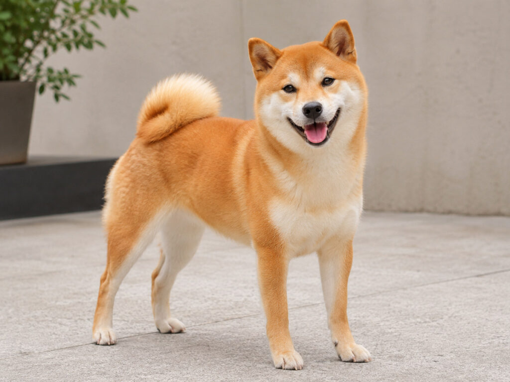 赤毛の柴犬が立っている全身の様子