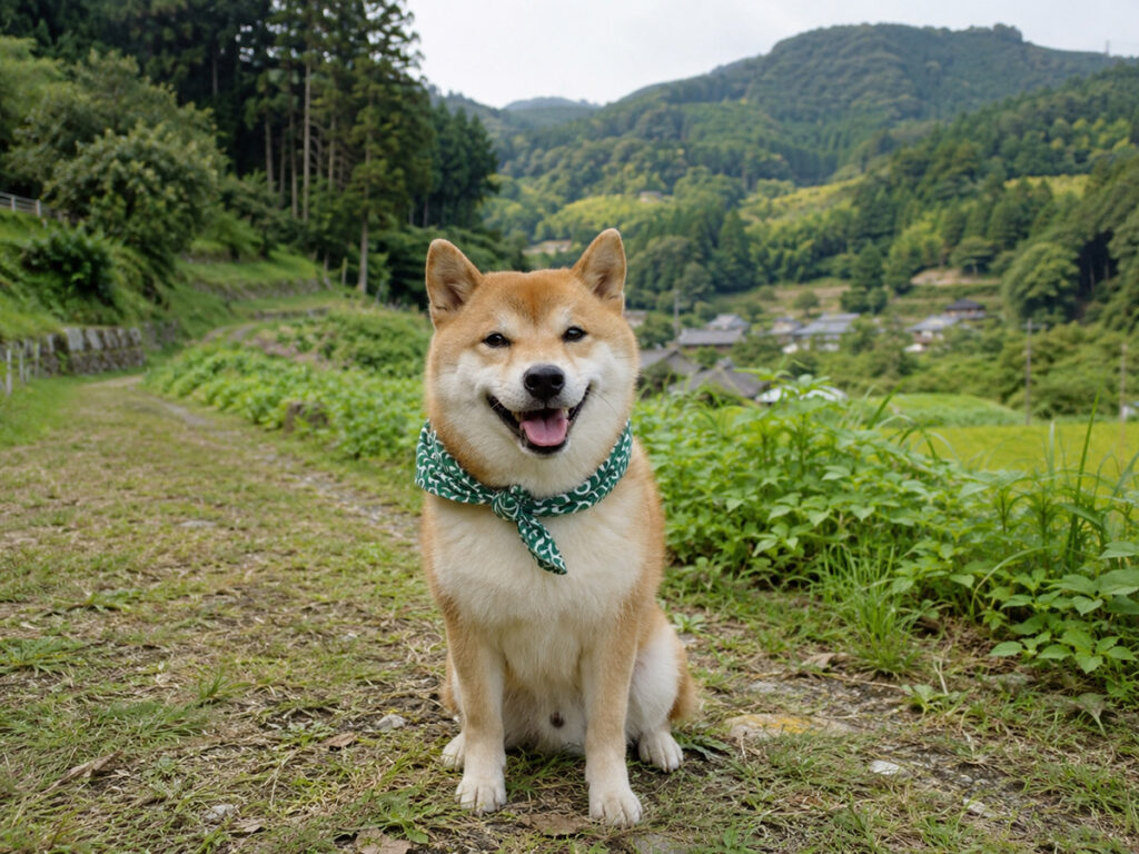 日本の里山を背景にした柴犬