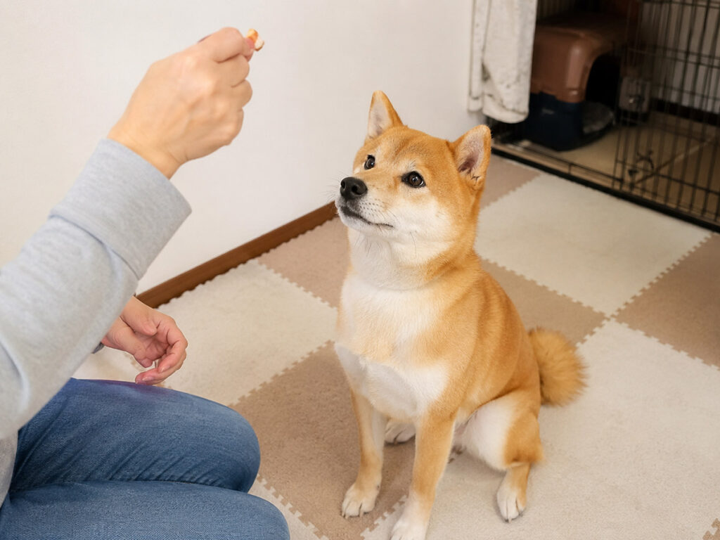ごほうびを使っておすわりを練習する柴犬