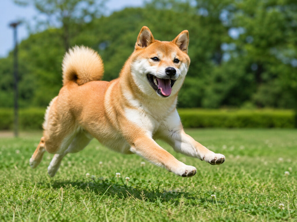 草原を走り回っている柴犬