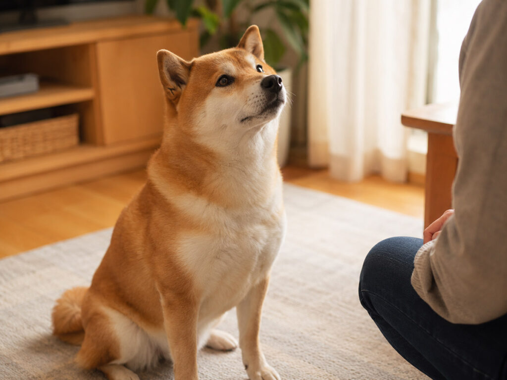 室内で人を見上げる赤毛の柴犬