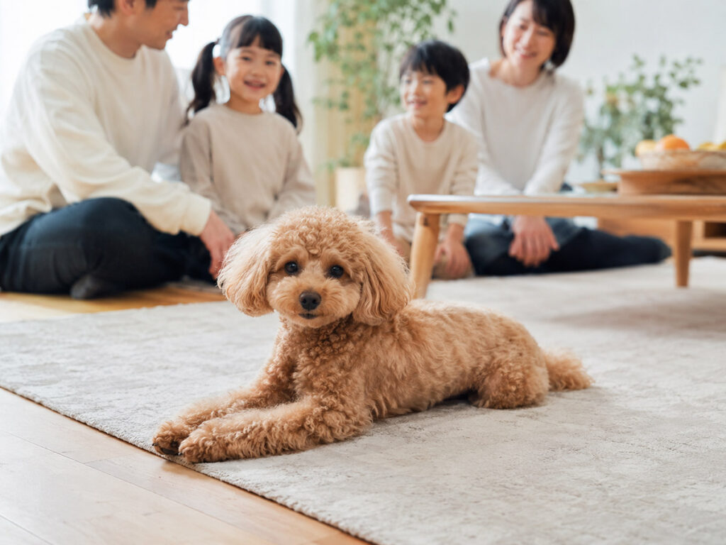 家族のそばで落ち着いて過ごすトイプードル