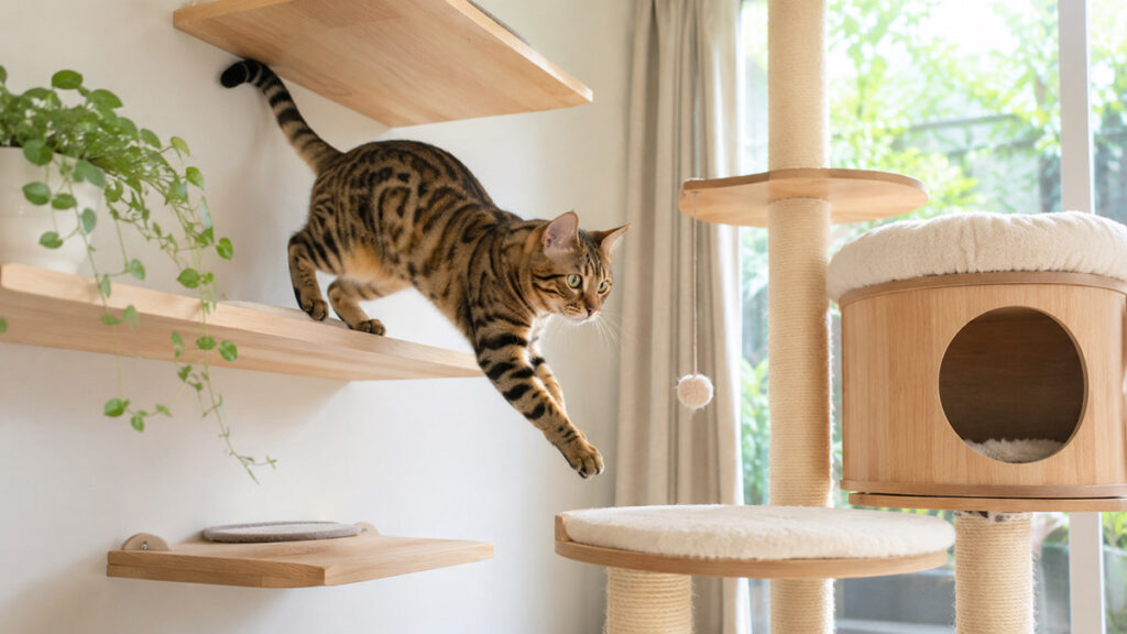 キャットタワーや棚を使って遊ぶ活発な猫