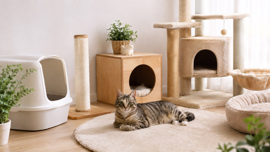 猫用トイレ、爪とぎ、キャットタワー、隠れ家が整った室内で猫がくつろいでいる写真