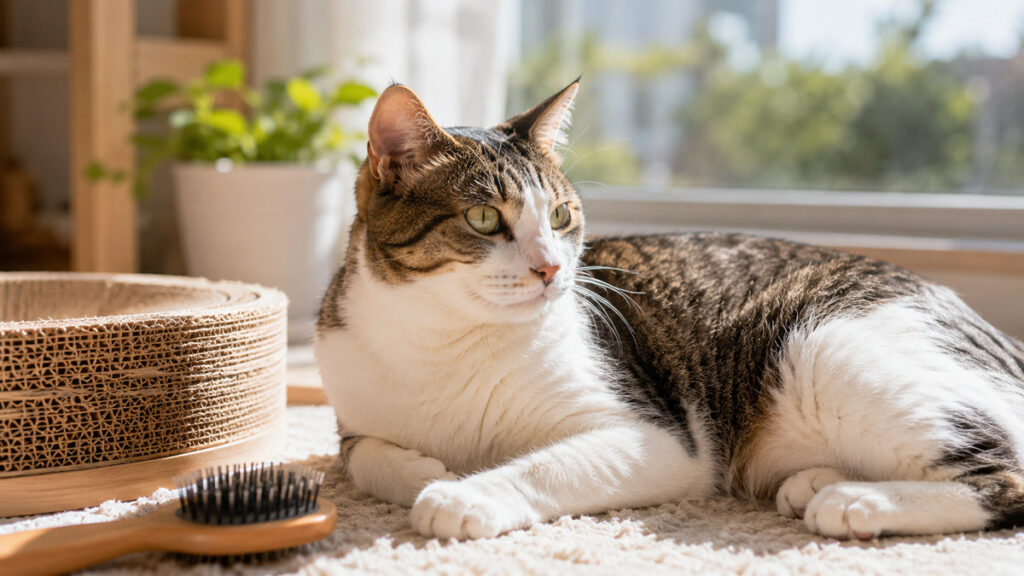 短毛猫が窓辺でくつろぎ、近くにブラシと爪とぎが置かれている写真
