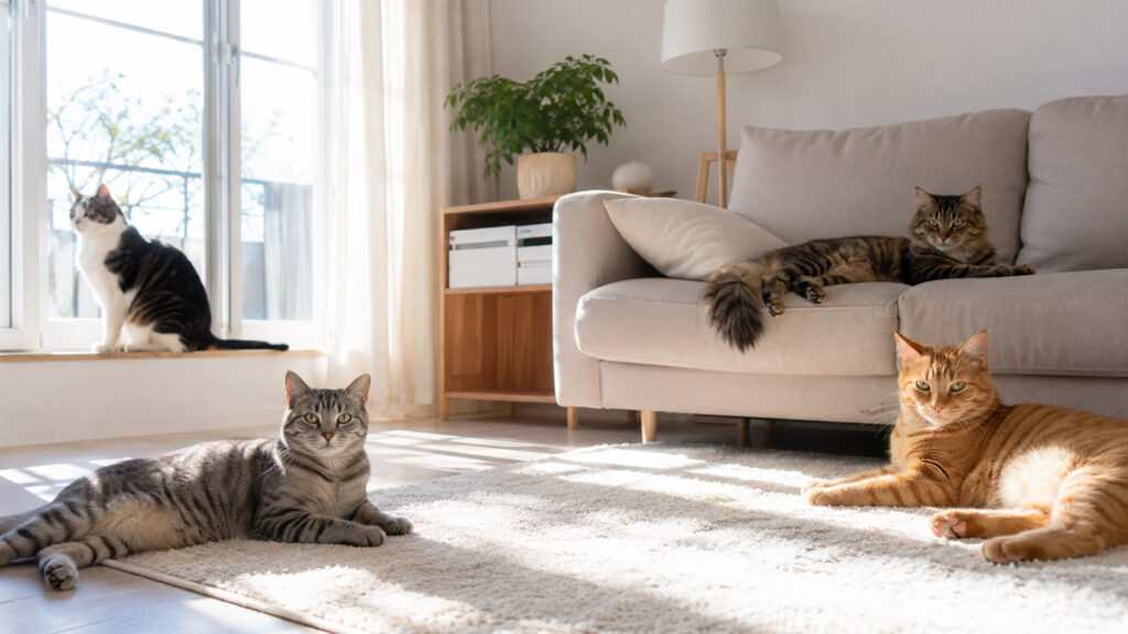 明るい室内で、複数の猫が落ち着いて過ごしている写真