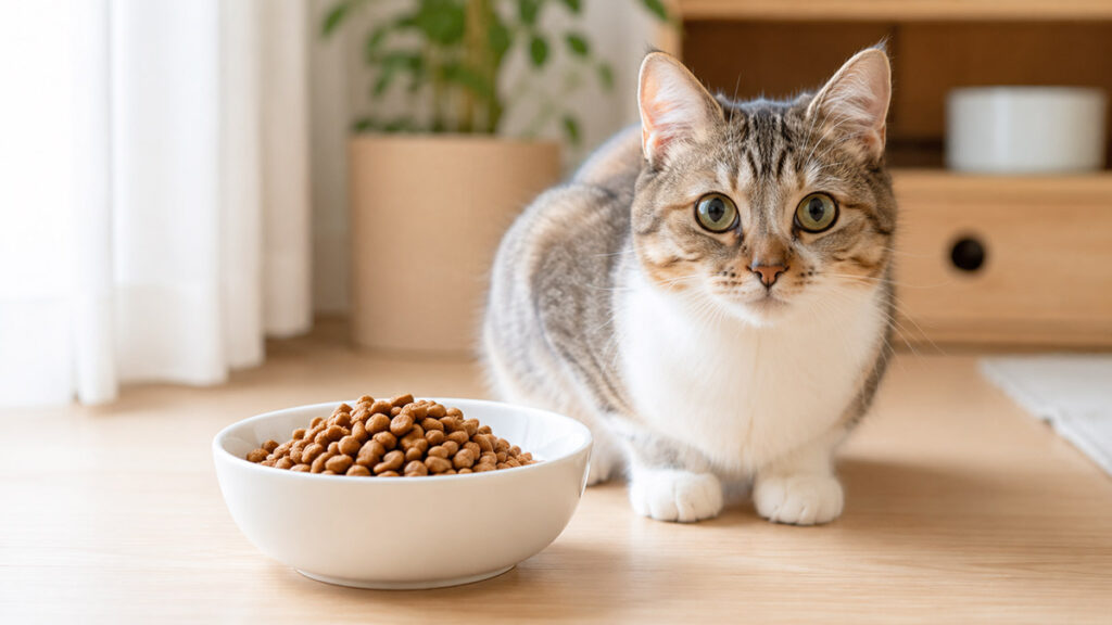 ボウルに入ったキャットフードと猫
