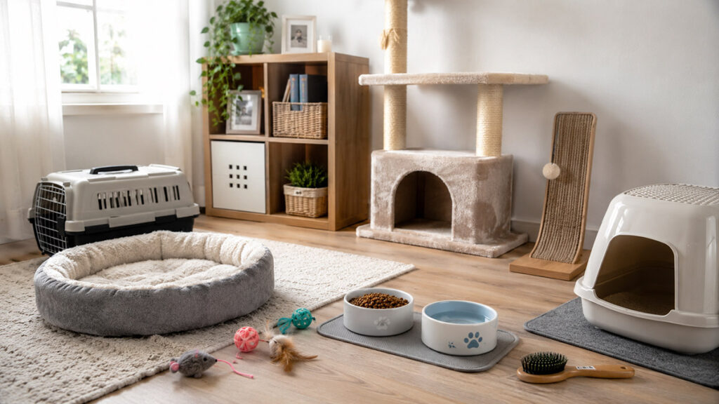 猫用トイレ、爪とぎ、食器、キャリーなど基本グッズがそろった室内