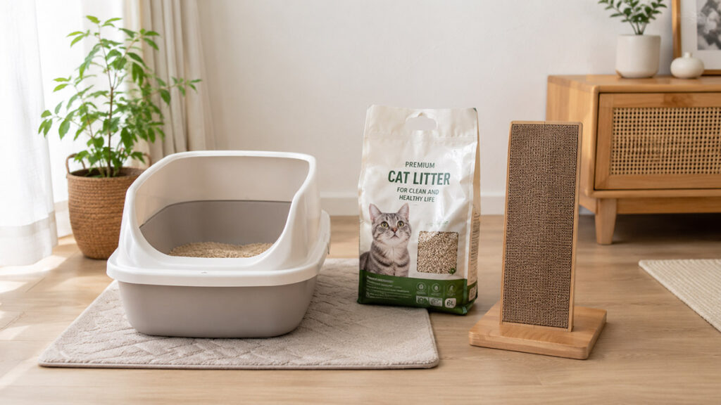 猫用トイレと猫砂、爪とぎが並んだ室内