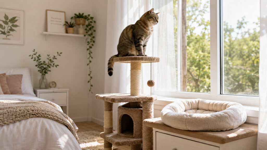 キャットタワーと窓辺のベッドで過ごす猫