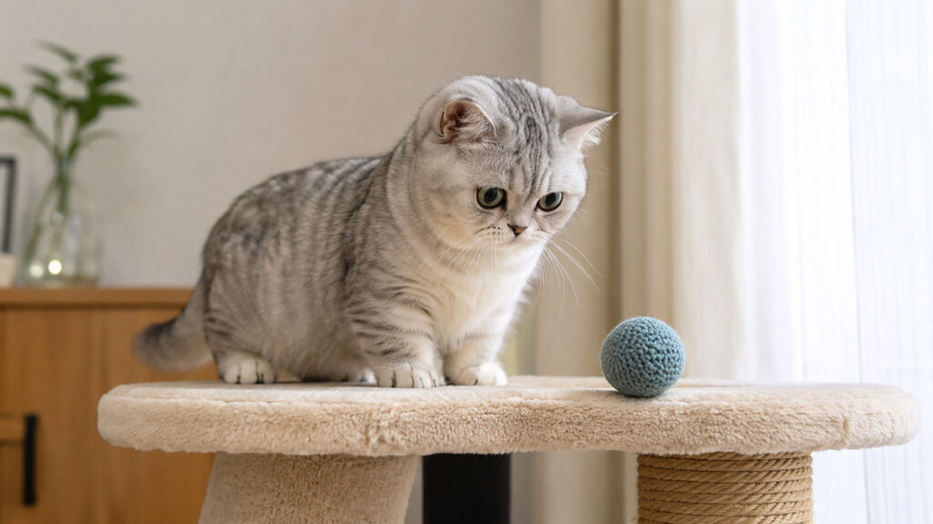 低めのキャットタワーや床上のおもちゃで遊ぶミヌエット。短足タイプの段差配慮に合う構図。