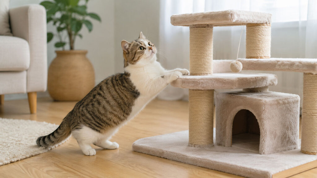 低いキャットタワーで遊ぶマンチカン
