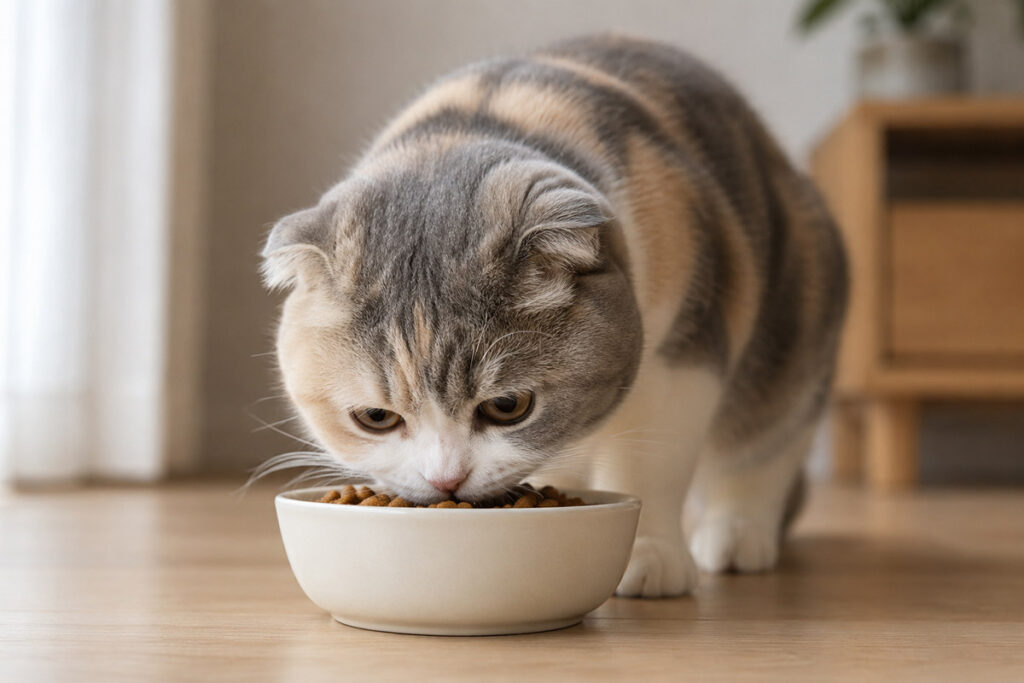 キャットフードを食べるスコティッシュフォールド