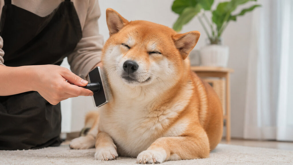 ブラッシングでケアされる柴犬