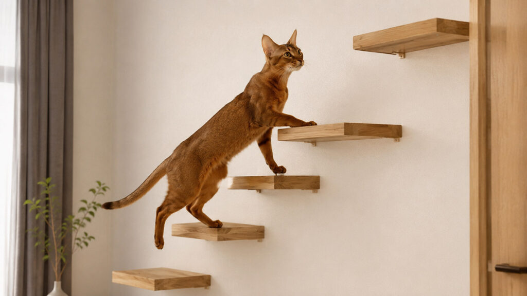 壁に固定したキャットステップを上るラディのアビシニアン成猫の全身