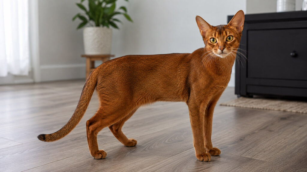 ラディのアビシニアン成猫が室内で立つ細身な全身