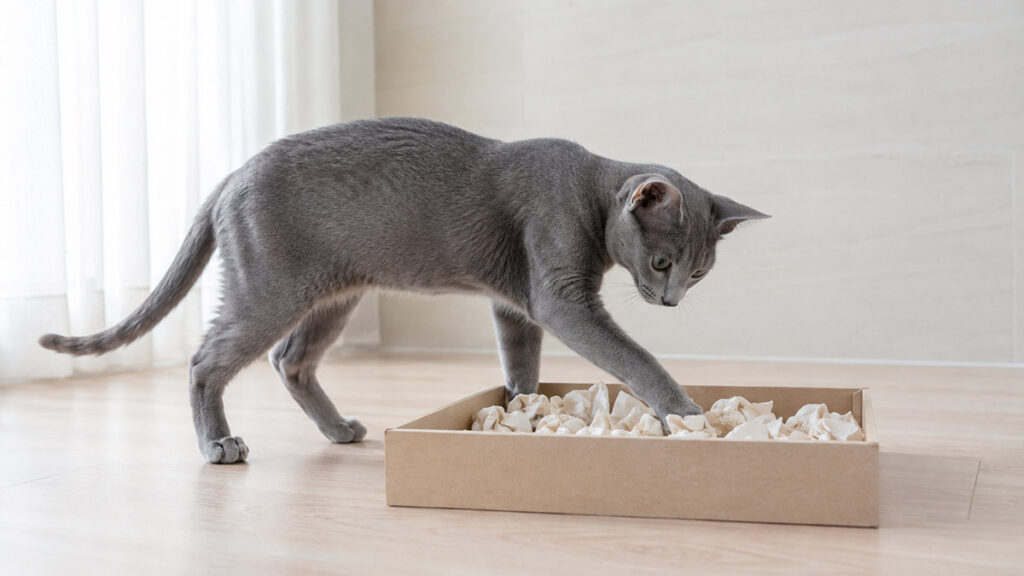 紙玉を入れた探索箱へ前足を伸ばすブルーのアビシニアン成猫