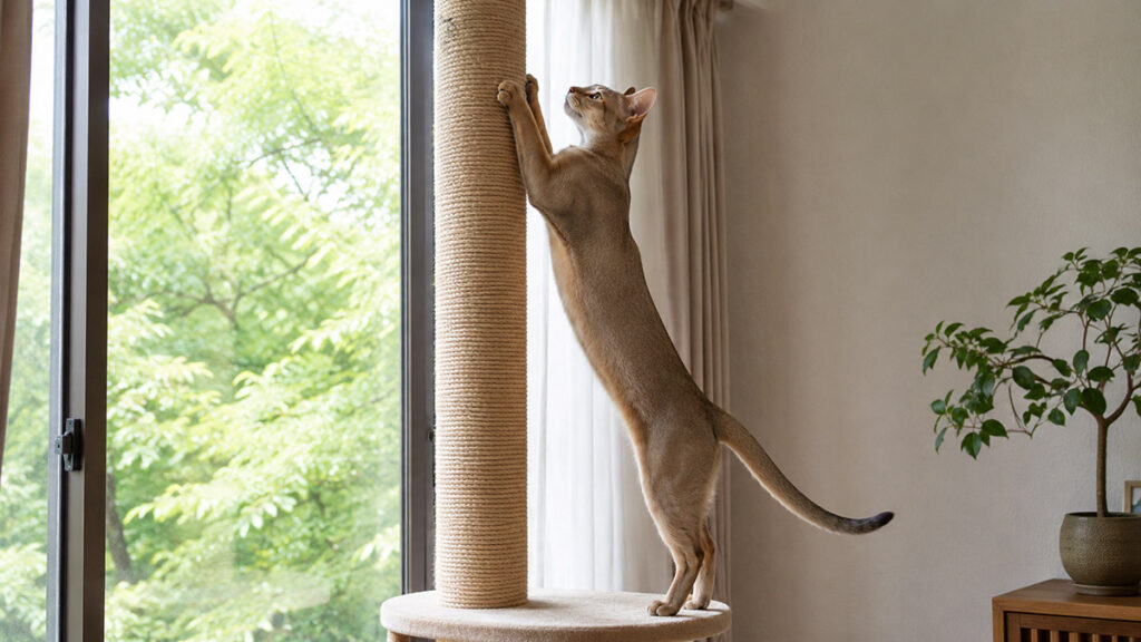 窓辺の背が高い爪とぎ器で全身を伸ばすフォーンのアビシニアン成猫