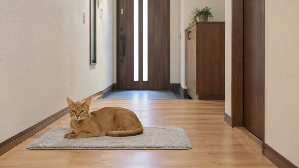 玄関から離れたマットで待つシナモンのアビシニアン成猫の全身