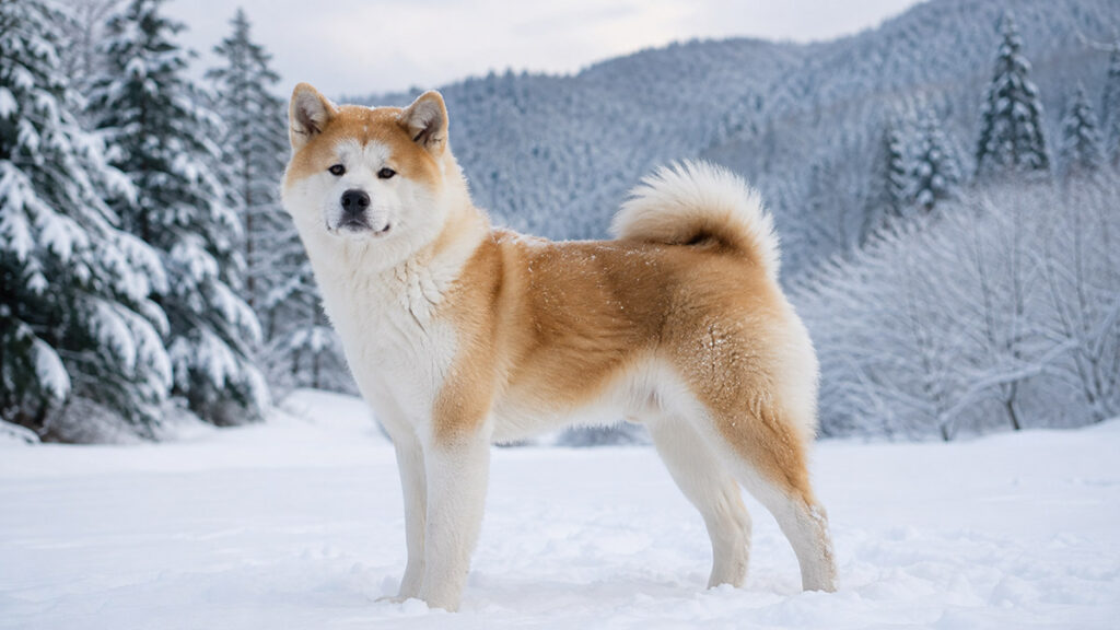 雪の中の秋田犬