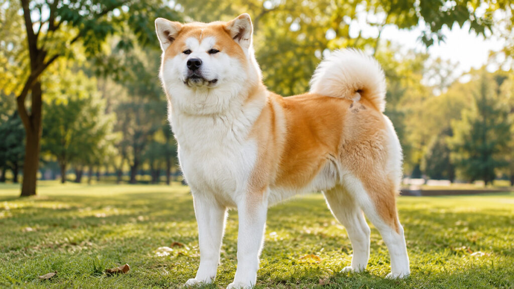 屋外に立つ秋田犬