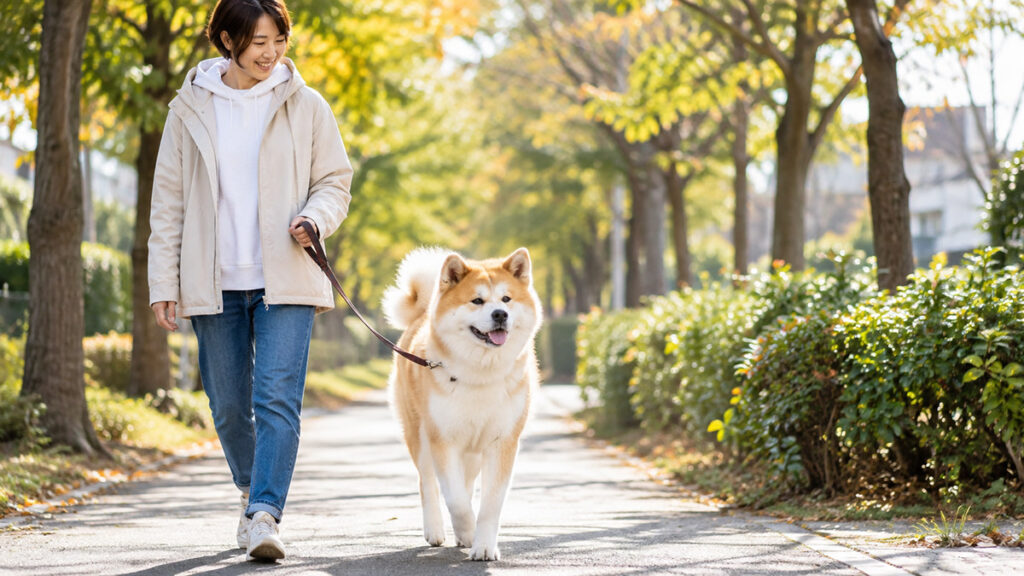 飼い主と散歩する秋田犬