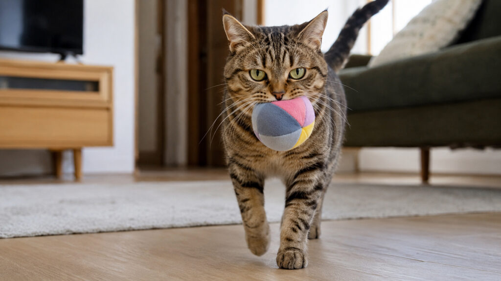 布製ボールをくわえて飼い主へ運ぶブラウンタビーのアメリカンショートヘア成猫