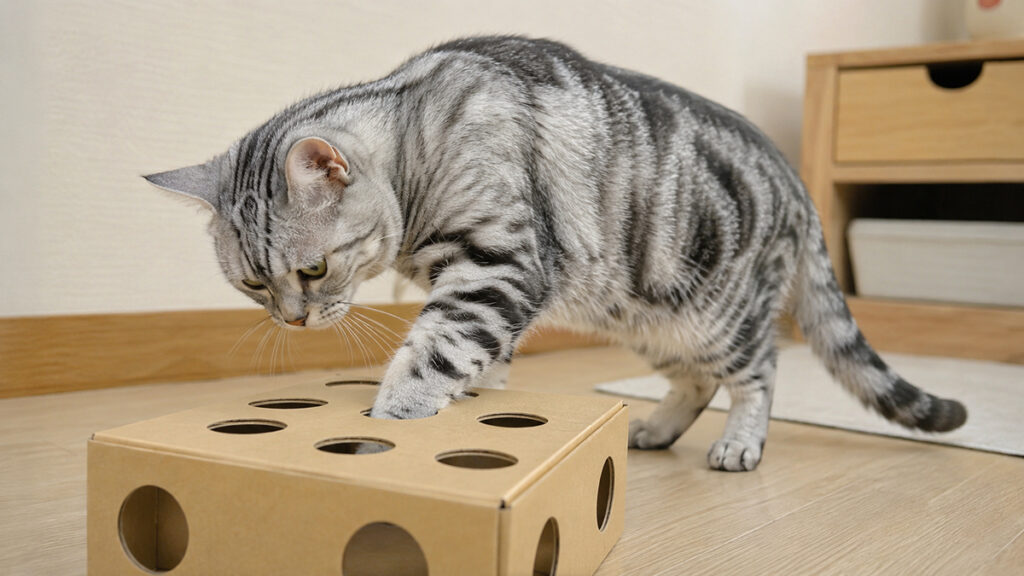 穴の開いた探索箱へ前足を入れるシルバータビーのアメリカンショートヘア成猫