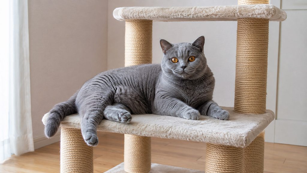 キャットタワーの低い段でくつろぐブリティッシュショートヘアの全身