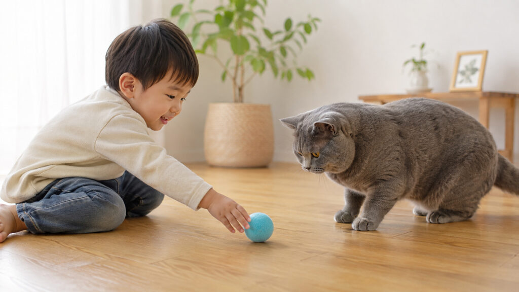 床に座った子どもがブリティッシュショートヘア成猫へボールを転がす様子