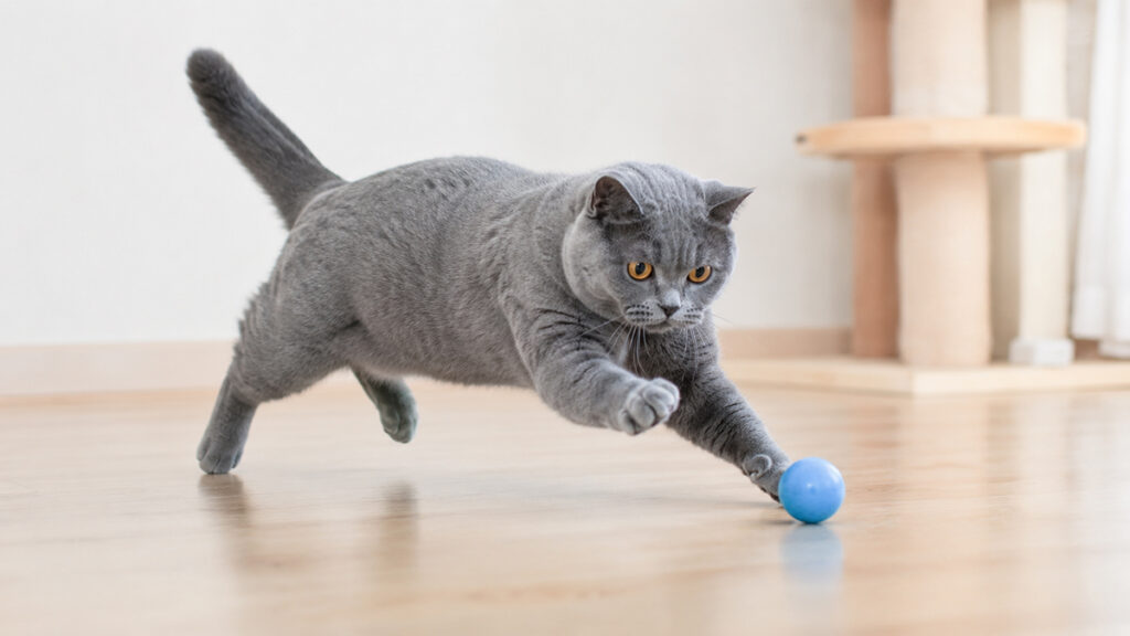床を転がるボールを追うブルーのブリティッシュショートヘア成猫の全身