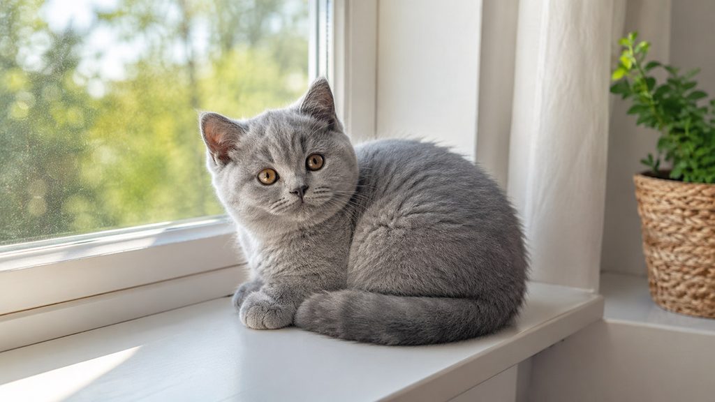 窓辺で丸くなっているブリティッシュショートヘアの子猫の全身
