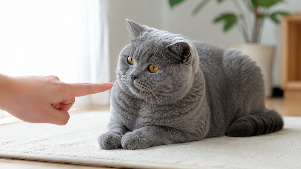 床のマットで飼い主の指先を見るブルーのブリティッシュショートヘア成猫