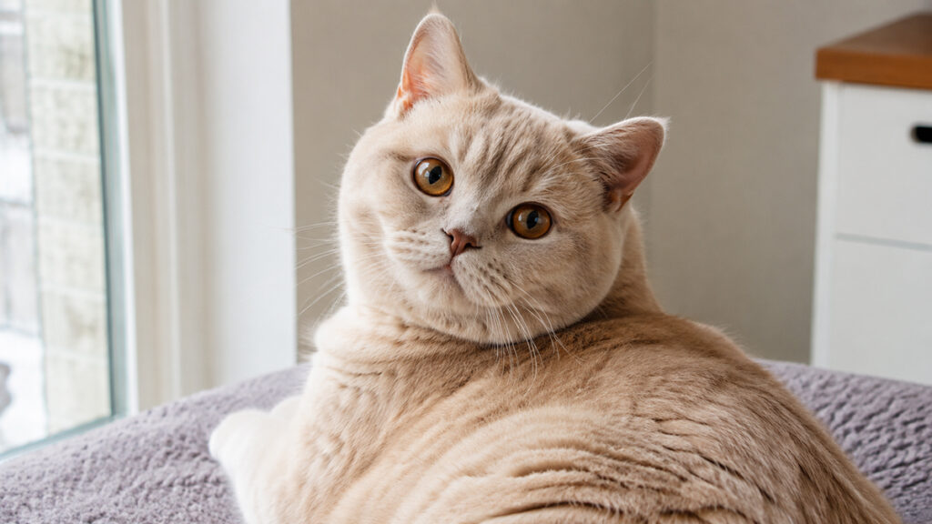 名前を呼ばれて顔を向けるクリーム色のブリティッシュショートヘア成猫