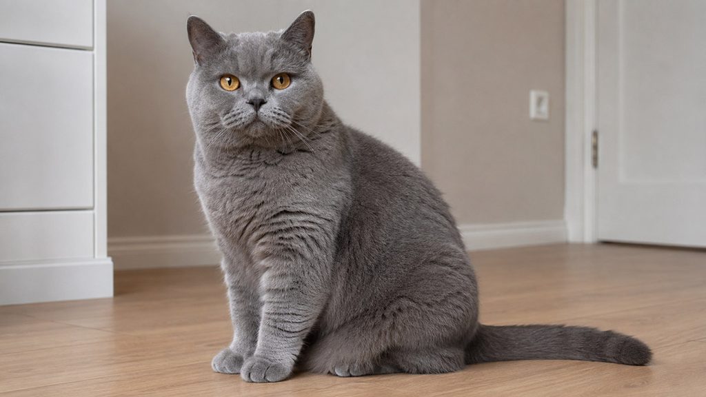 床に座っているブリティッシュショートヘアの成猫の全身