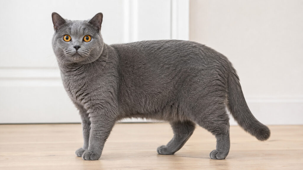 ブルーのブリティッシュショートヘア成猫が床に四足で立つ全身