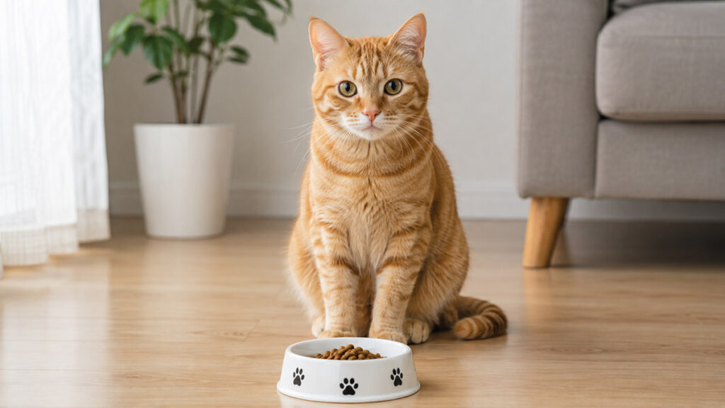 フードボウルの前に座る猫の全身