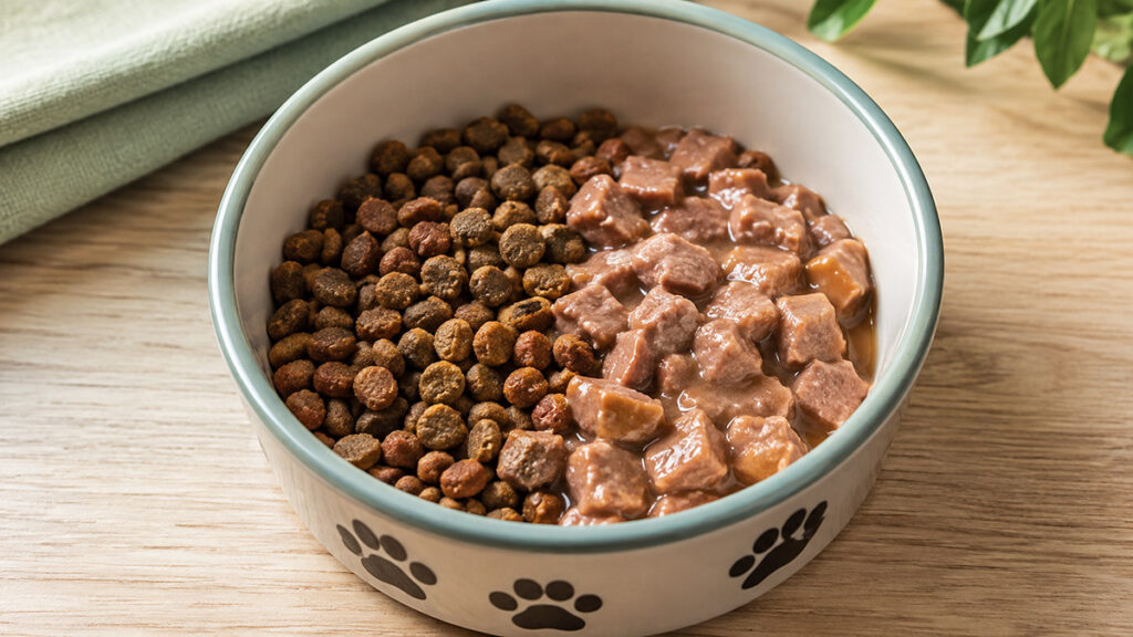 2種類のキャットフードを混ぜている食器