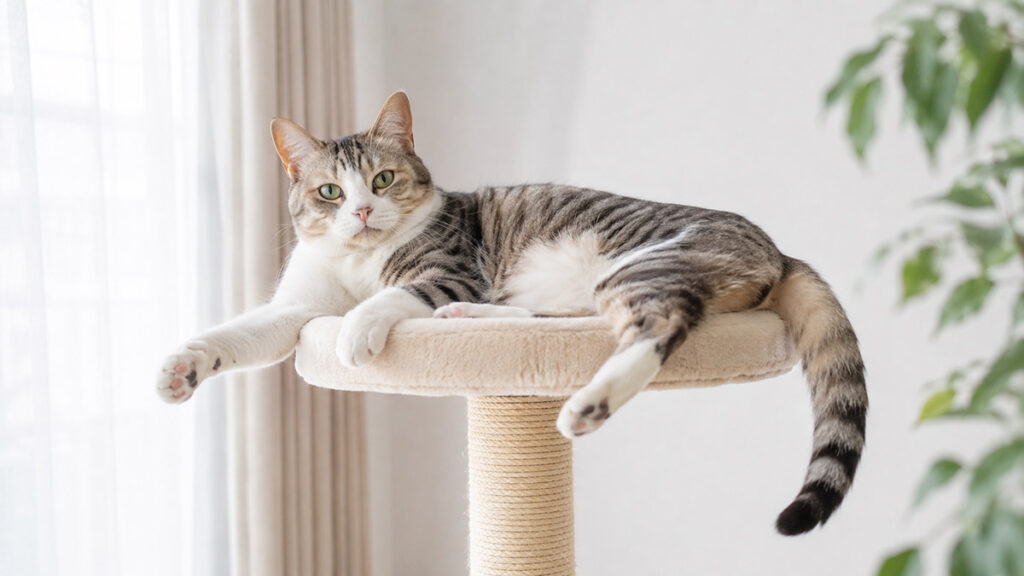 キャットタワーの上でくつろぐ成猫の全身