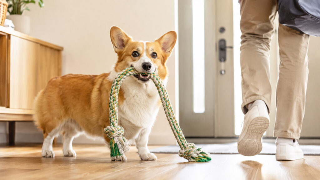 人が歩き始める前に長い犬用おもちゃをくわえるコーギー