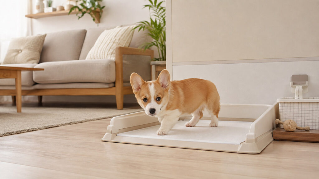 生活スペース近くの犬用トイレへ入るコーギーの子犬